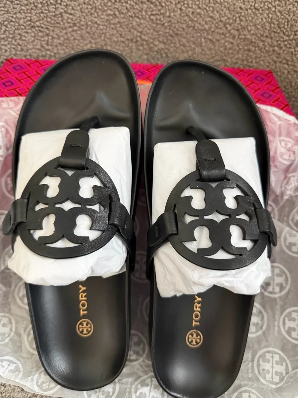 Tory Burch Black Leather Logo Thong Footbed Sandals size 8